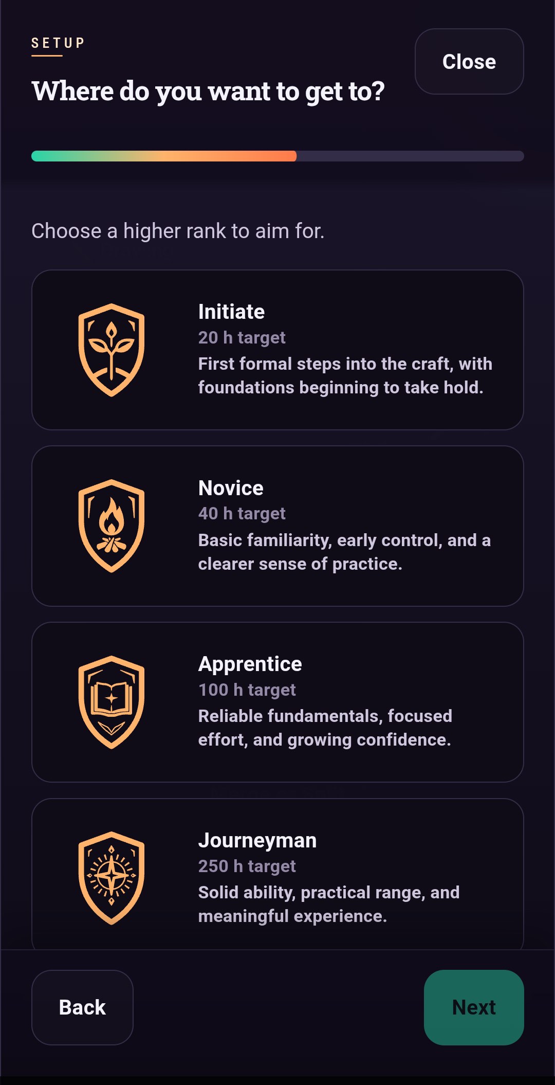 Skillmark goal setup asking which rank to aim for, listing Initiate, Novice, Apprentice, and Journeyman with hour targets.
