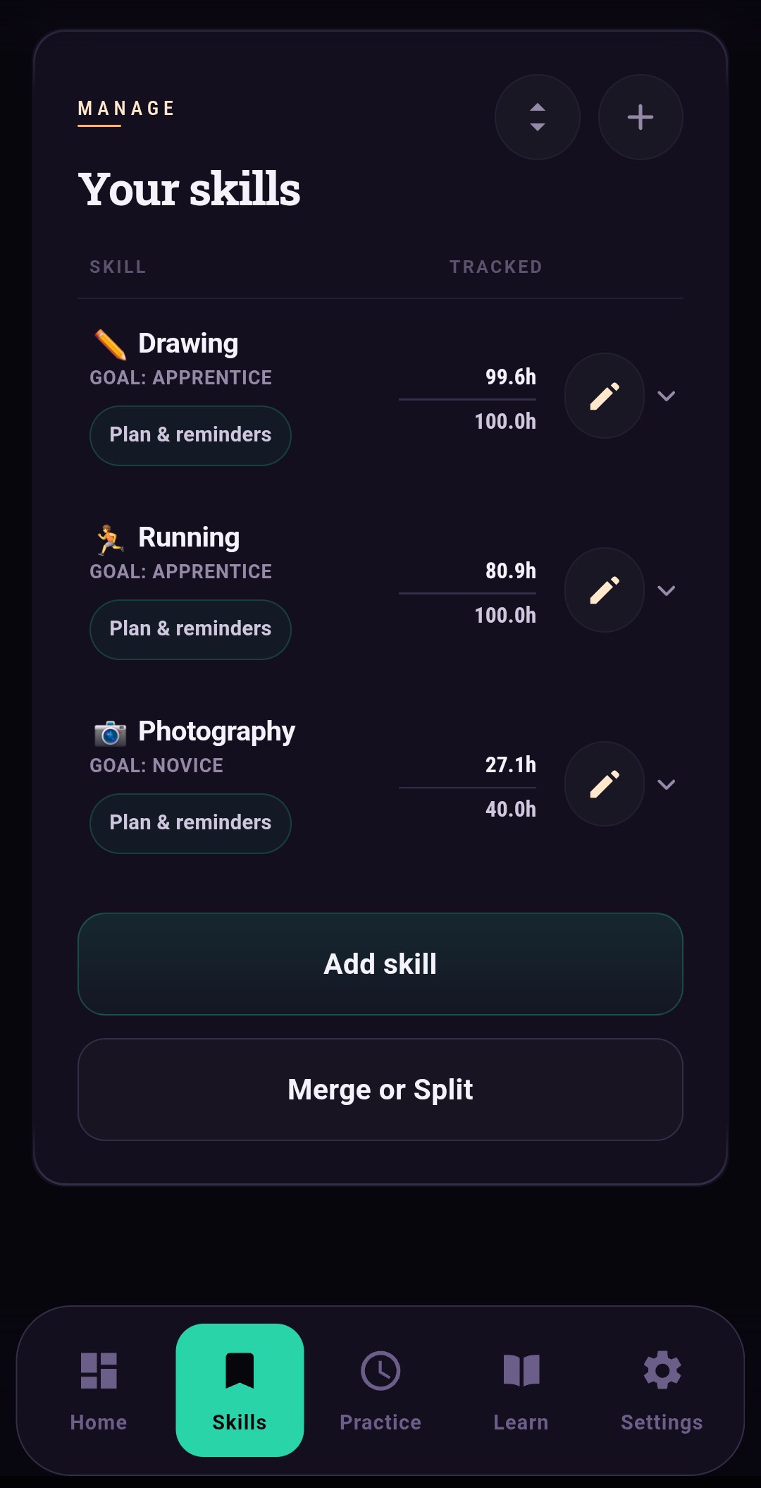 Skillmark skills screen organizing hobbies into goals and tracked hours.